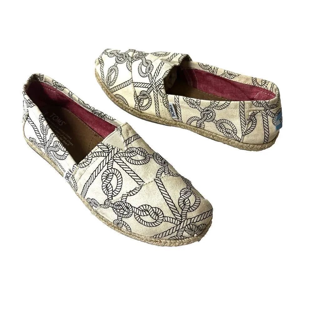 TOMS Rope Print Loafers Womens 8.5 Cream Black Slip On Shoe Flats Comfort Casual